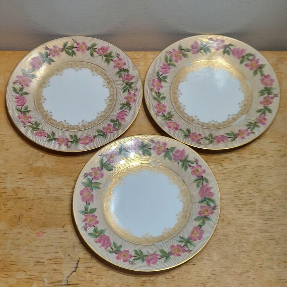 3 Antique 7.5" T&V Limoges France Handpainted Floral Gold Lattice Dessert Plates